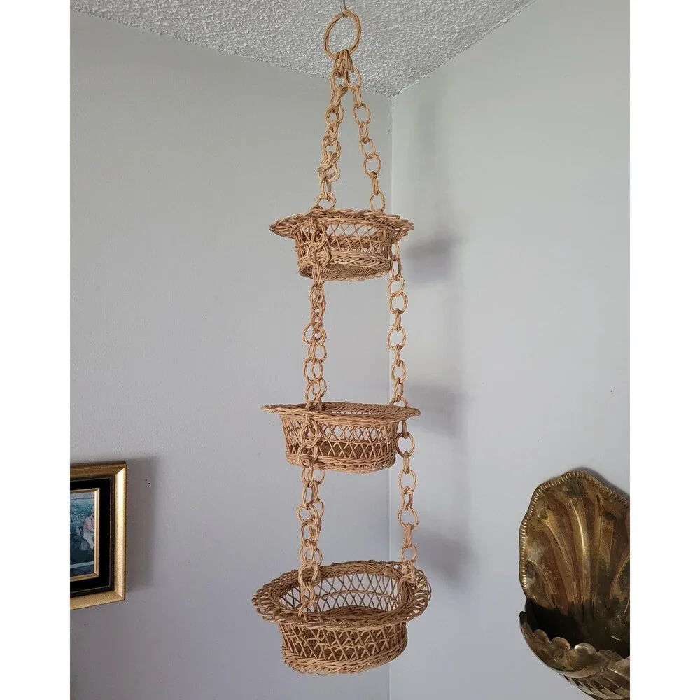 Vintage Handwoven Rattan Hanging Basket 3-Tier Organizer